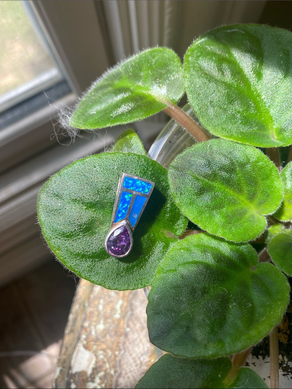 Blue Opal and Purple Teardrop Accent pendant slide Sterling Silver vintage